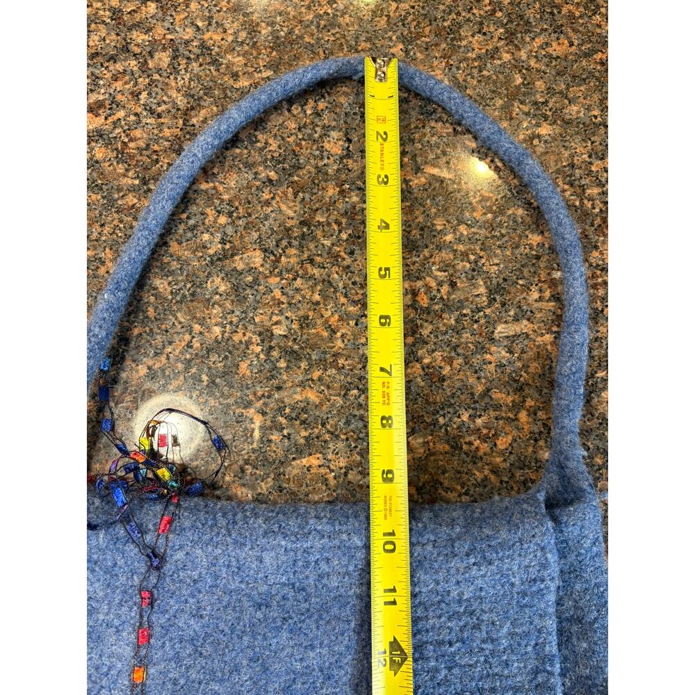 Handmade Blue Felt Shoulder Purse with Multicolored Ribbon Accents - Picture 3 of 10